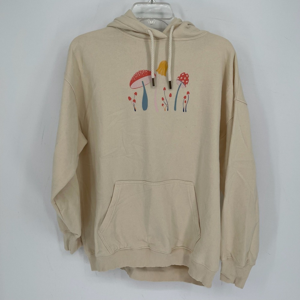 American Eagle Women's Beige Mushroom Graphic Fleece Hoodie Sweatshirt Size XS-S